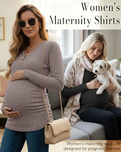 Oakgarden 3 Pack Women's Ribbed Henley Maternity Sweaters - color: Black, Coffee, Bean Green, size: Medium