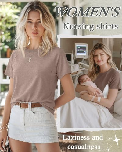 Huukeay 3 Pack Women's Nursing Tops - color: Cream, Mocha, Camel, size: Small