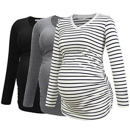 Smallshow Women's V-Neck Maternity Shirt Clothes Long Sleeve Ruched Pregnancy Top - color: Black-light Grey-white Stripe(3 Pack), size: X-Large