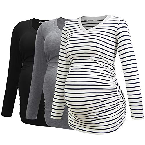 Smallshow Women's V-Neck Maternity Shirt Clothes Long Sleeve Ruched Pregnancy Top - color: Black-light Grey-white Stripe(3 Pack), size: X-Large