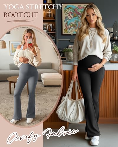 3 Pack Maternity Over The Belly Flared Leggings Pants - color: Dark Gray, Light Gray, Black, size: XX-Large