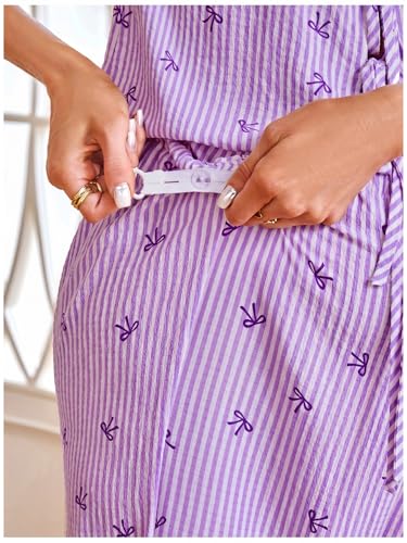 MakeMeChic Women's Maternity Summer 2 Piece Outfits Pregnancy Boho Vacation Striped Bow Top and Pants Set - color: Purple, size: Medium