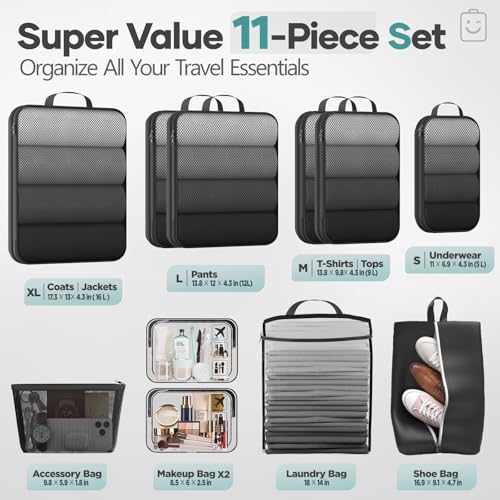 Veken 11 Set Compression Packing Cubes Garment Bags for Travel Essentials,Compressible Expandable Luggage Organizer Bags for Clothing,Space Saver Bags with Over 1000 pcs of Mesh Holes(Black) - color: Black, size: 11 set