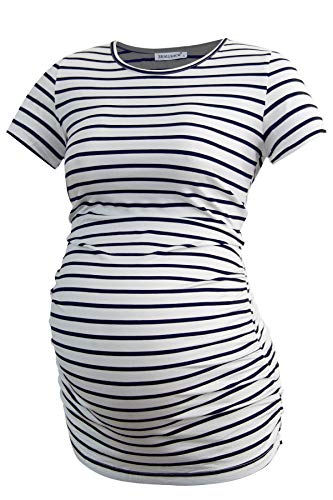 Smallshow Women's Side Ruched Tunic Maternity Shirts 3 Packs - color: Deep Grey-svp121-white Stripe(3 Pack), size: Large
