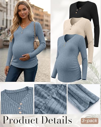 Oakgarden 3 Pack Women's Ribbed Henley Maternity Sweaters - color: Black, Apricot, Blue, size: Large