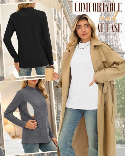 Huukeay 4 Pack Women's Long Sleeve Waffle Nursing Shirts - color: White, Light Gray, Dark Gray, Black, size: Large