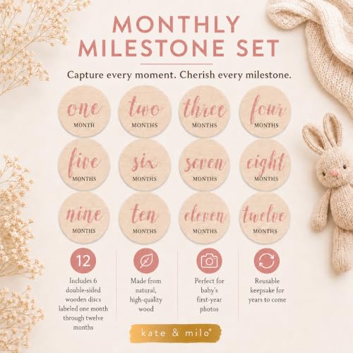 Kate & Milo Wooden Baby Monthly Milestone Discs, Pink Script Design - color: Pink Text Circle
