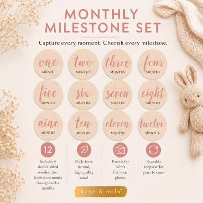 Kate & Milo Wooden Baby Monthly Milestone Discs, Pink Script Design - color: Pink Text Circle