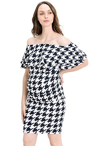 LaClef Women's Off Shoulder Maternity Dress with Double Ruffle - color: D.navy Houndstooth, size: Large