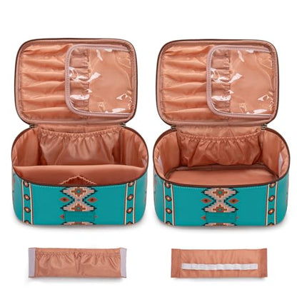 Wrangler Travel Makeup Bag 2pcs Set Cosmetic Bag with Makeup Brush Holder - color: Aztec-Turquoise