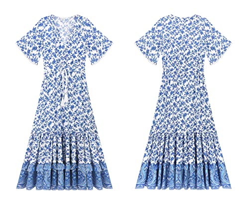R.Vivimos Womens Summer V Neck Floral Print Boho Midi Dress - color: White, size: X-Large