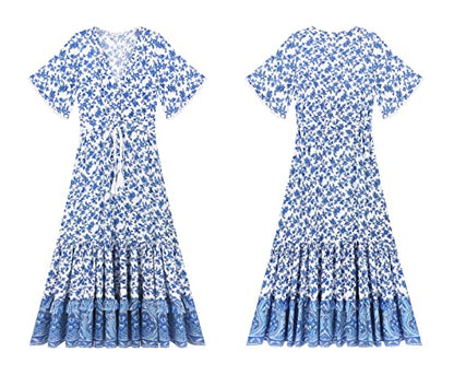 R.Vivimos Womens Summer V Neck Floral Print Boho Midi Dress - color: White, size: X-Large