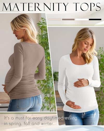 Huukeay 4 Pack Womens Maternity Shirt Long Sleeve Pregnancy Top - color: Black, White, Light Brown, Apricot, size: Small