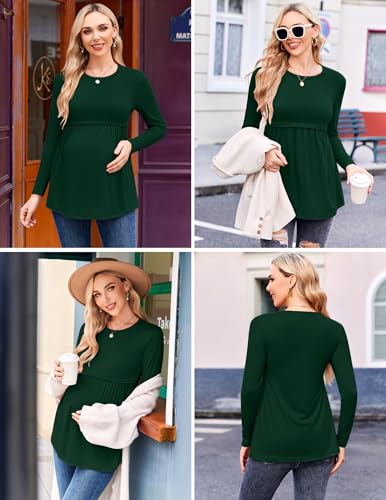 Ekouaer Maternity Shirts 3 Pack Pleated Long Sleeve Tops Pregnancy Clothes - color: Black/Green/Dark Red, size: Medium