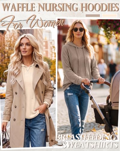 Ficerd 2 Pack Women's Nursing Waffle Hoodies Breastfeeding Tops - color: Cream, Coffee, size: X-Large