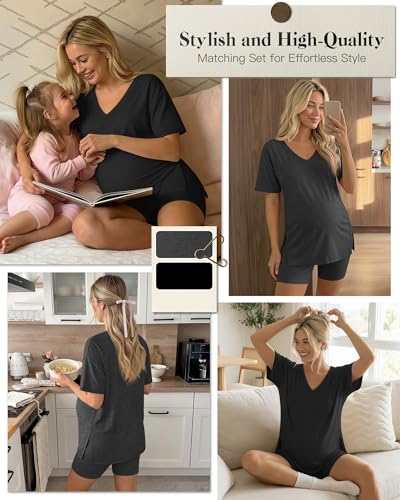 2 Pack Women Maternity Set Pregnancy Outfit - color: Dark Gray, Black, size: Medium