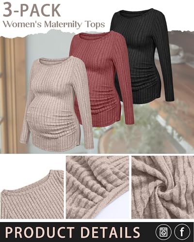 3 Pack Maternity Sweaters Long Sleeve Pregnancy Tops - color: Light Brown, Brick Red, Black, size: Small