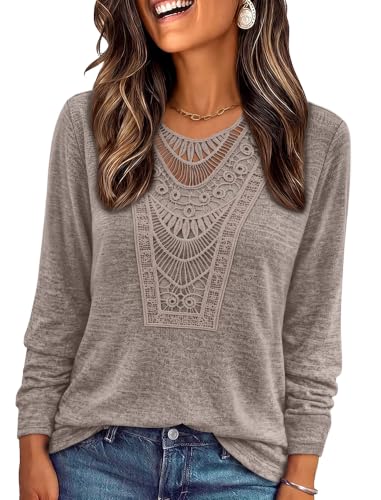 OFEEFAN Long Sleeve Shirts for Women Boho Tops Trendy Blouses Dressy Casual - color: Brown, size: Medium