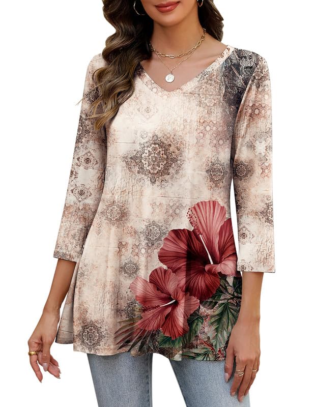 Misakia Women's Tunic Tops, 3/4 Sleeve V Neck Loose Fit - color: 1235-bf295, size: Small