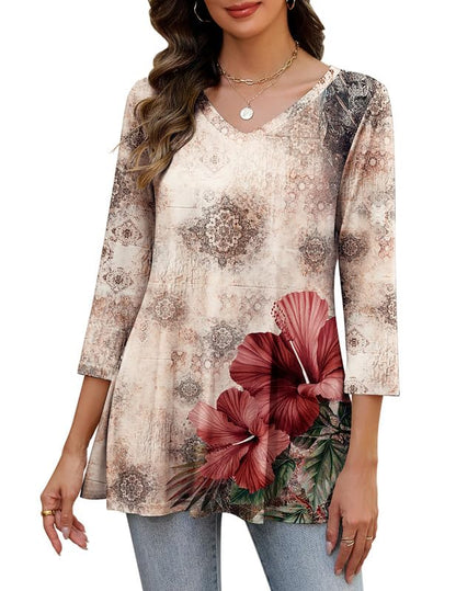 Misakia Women's Tunic Tops, 3/4 Sleeve V Neck Loose Fit - color: 1235-bf295, size: Small