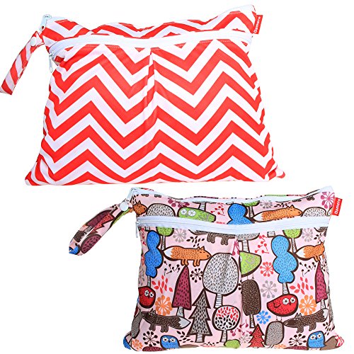 Damero 2Pack Waterproof Wet Bag, Reusable Wet Dry Bag Organizer for Travel, Beach, Diapers, Breast Pump Parts and Wet Swimsuits, Tree+Red Chevron
