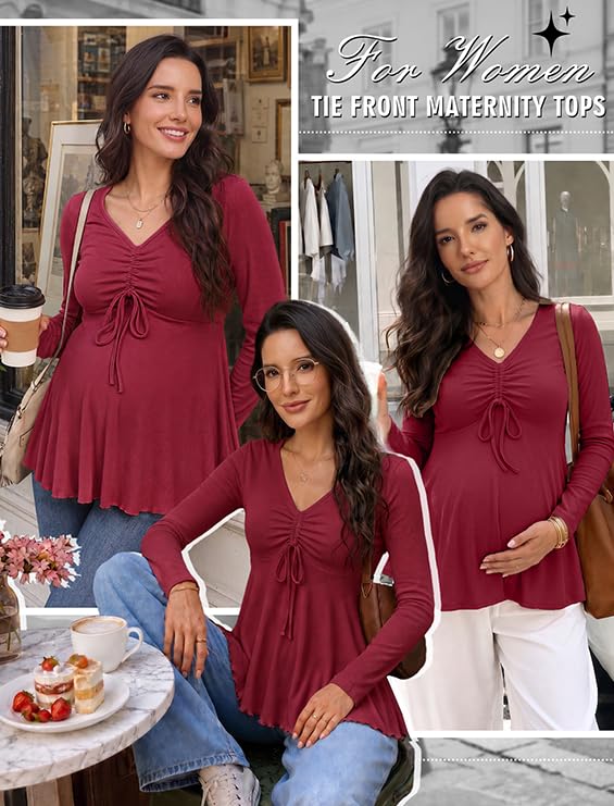 Genhoo Womens Long Sleeve Maternity Tops Ribbed V Neck Maternity Shirts - color: Wine Red, size: XX-Large