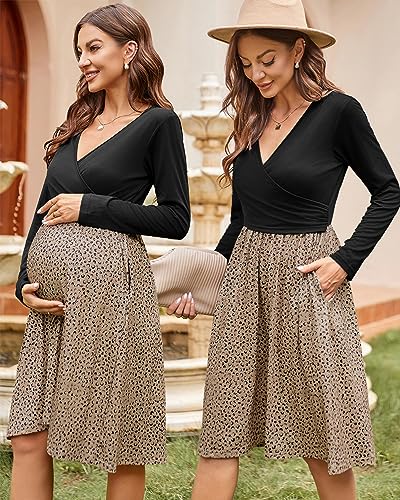 OUGES Women's Nursing Breastfeeding Pocket Fall Baby Shower Maternity Dress - color: Black Khaki Floral Leopard, size: XX-Large