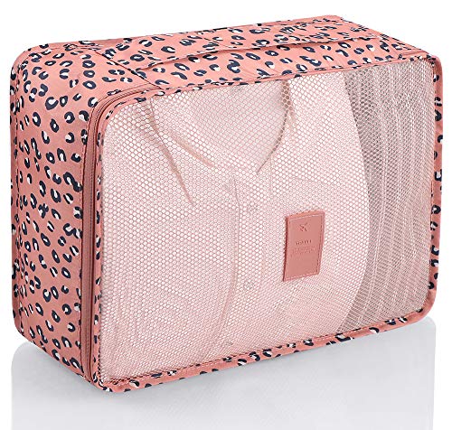 Mossio 7 Set Packing Cubes with Shoe Bag - Travel Carry On Luggage Organizer - color: Pink Leopard