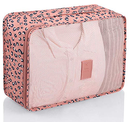 Mossio 7 Set Packing Cubes with Shoe Bag - Travel Carry On Luggage Organizer - color: Pink Leopard