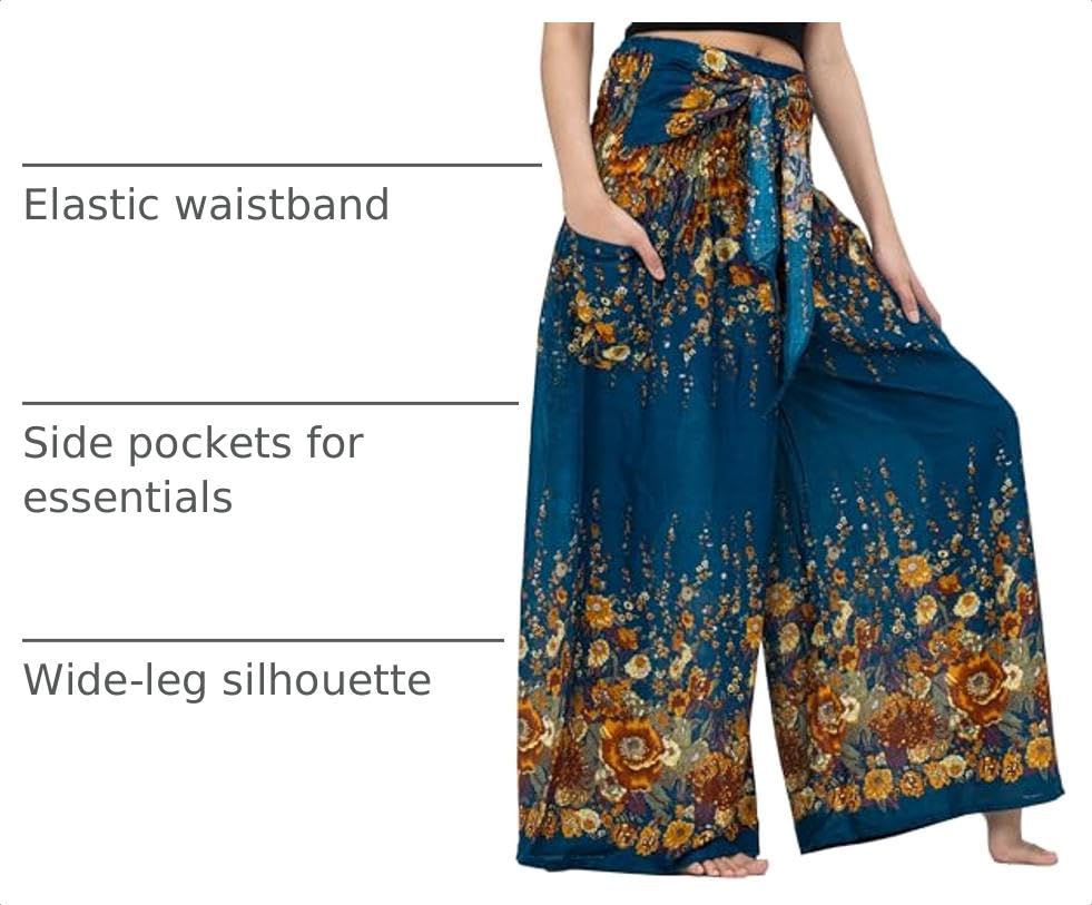 B BANGKOK PANTS Women's Boho Palazzo Pants - color: Green Flowers, size: One Size