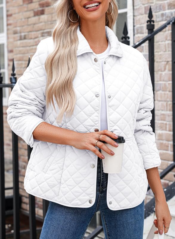 Dokotoo Women's Winter Quilted Jackets Long Sleeve Button Down Diamond Puffer Jacket Outerwear Coats with Pockets - color: White, size: X-Large