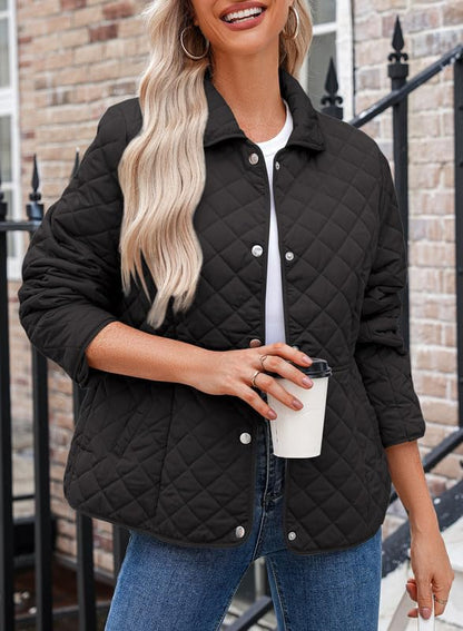 Dokotoo Women's Winter Quilted Jackets Long Sleeve Button Down Diamond Puffer Jacket Outerwear Coats with Pockets - color: Black, size: Medium