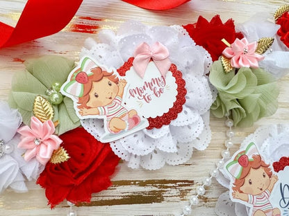 Strawberry Shortcake Baby Shower Sash & Pin Set – Mom-to-Be Party Accessories, Cute Dessert Theme