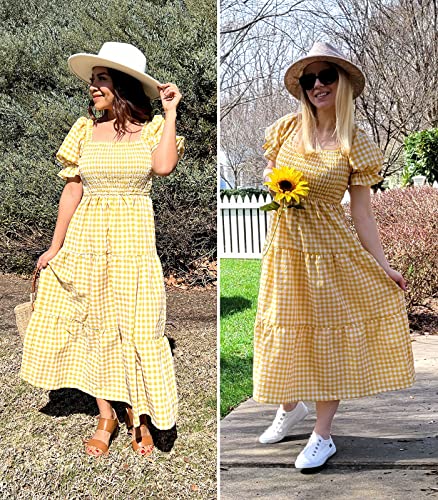 ZESICA Women's Summer Boho Gingham Puff Sleeve Square Neck Beach Midi Dress - color: Ginger, size: X-Small