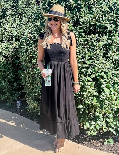 Tobrief Women's Boho Dress Summer Spaghetti Strap Square Neck Flowy Ruffle Beach Long Maxi Dress - color: 02 Black, size: X-Large
