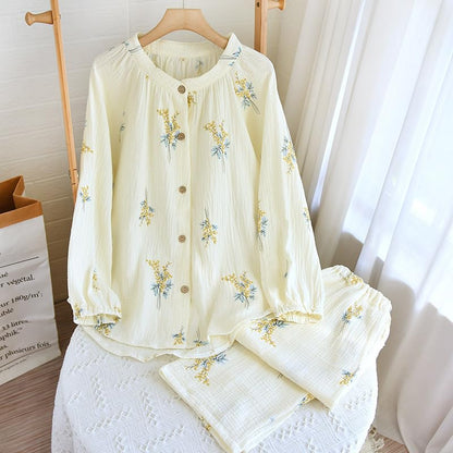 codcm Womens Cotton Gauze Pajama Sets Muslin Pj Set Crew Neck Button Down Sleepwear 2 Piece Lounge Set - color: Bouquet, size: X-Small