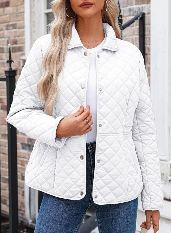 Dokotoo Women's Winter Quilted Jackets Long Sleeve Button Down Diamond Puffer Jacket Outerwear Coats with Pockets - color: White, size: X-Large