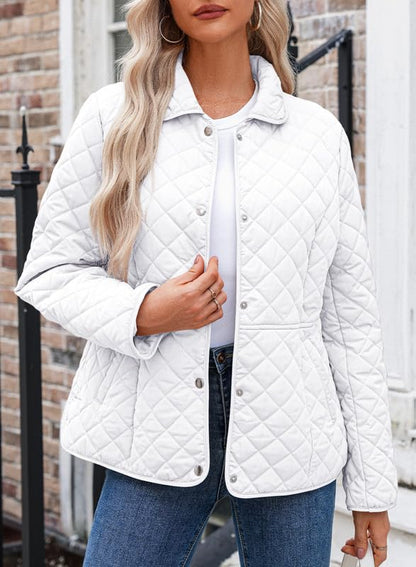 Dokotoo Women's Winter Quilted Jackets Long Sleeve Button Down Diamond Puffer Jacket Outerwear Coats with Pockets - color: White, size: X-Large
