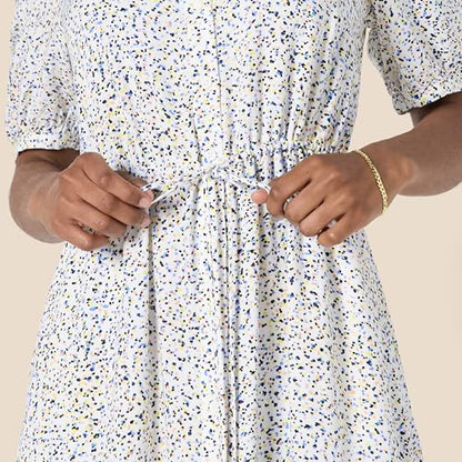 Amazon Essentials Women's Relaxed Fit Half-Sleeve Breathable Button Front Drawstring Waist Midi A-Line Dress with Pockets - color: Off White Micro Confetti Print, size: Small
