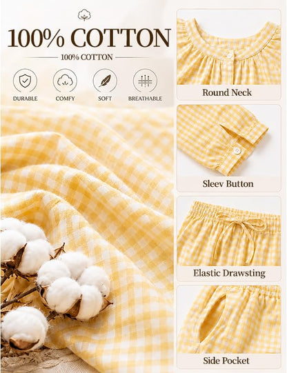 Gingham Cotton Pajamas for Women 2 Piece Cute Ruffle Plaid PJS Set Lounge - color: Yellow, size: X-Large