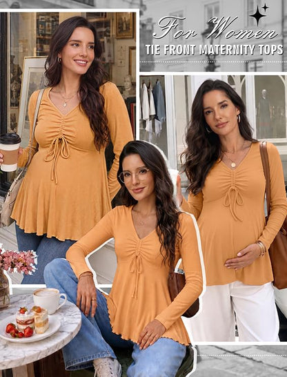 Genhoo Womens Long Sleeve Maternity Tops Ribbed V Neck Maternity Shirts - color: Caramel, size: Large