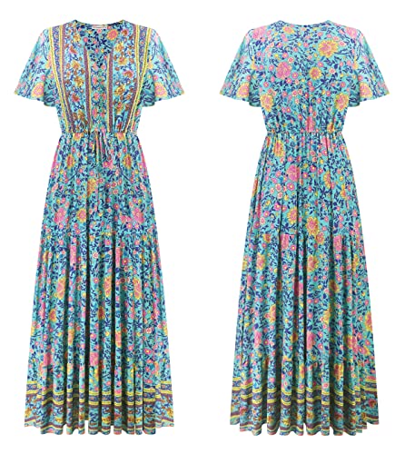 R.Vivimos Womens Summer Boho Floral Print V Neck Flowy Dress - color: Green, size: Small