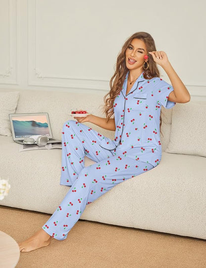 Ekouaer Womens Pajama Sets Button Down Lounge Sets 2 Piece Short Sleeve Pjs - color: Cherry, size: Medium