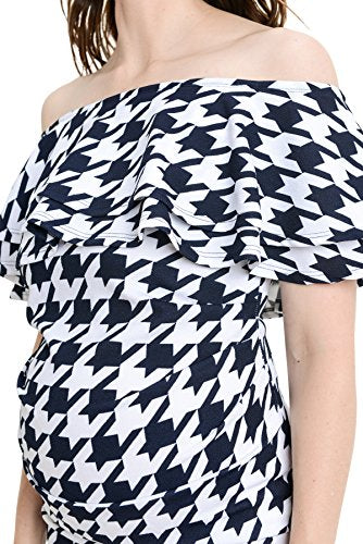 LaClef Women's Off Shoulder Maternity Dress with Double Ruffle - color: D.navy Houndstooth, size: Large