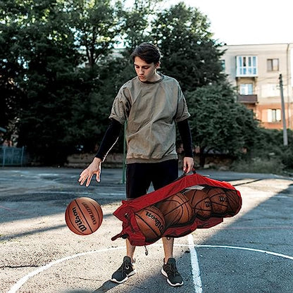 Fitdom Basketball Mesh Ball Bag, Large Equipment Bag with Shoulder Strap - color: Red