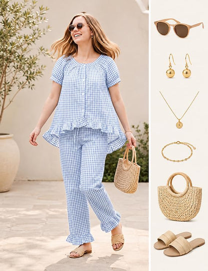 Gingham Cotton Pajamas for Women 2 Piece Cute Ruffle Plaid PJS Set Lounge - color: Blue, size: X-Large