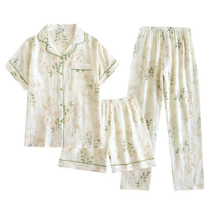 codcm Womens 3pcs Cotton Pajamas Set Short Sleeve Sleepwear Fruit Print Cute Pj Set with Long Pants - color: Flower04, size: X-Small