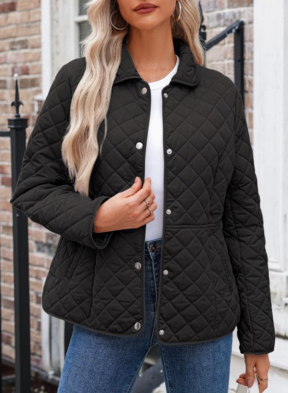 Dokotoo Women's Winter Quilted Jackets Long Sleeve Button Down Diamond Puffer Jacket Outerwear Coats with Pockets - color: Black, size: Medium