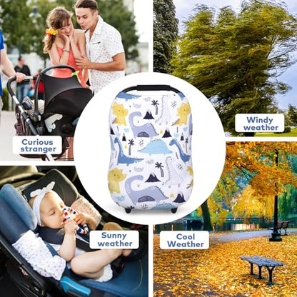 Rquite 4-in-1 Baby Car Seat Canopy, Stretchy Nursing Breastfeeding Cover - color: Blue Dinosaur