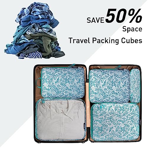 Bagail Ultralight Compression Cubes 7 Set - 3 Packing Cubes, 3 Organizers, and 1 Shoe Bag - color: The Leaf, style: Cloth Pattern